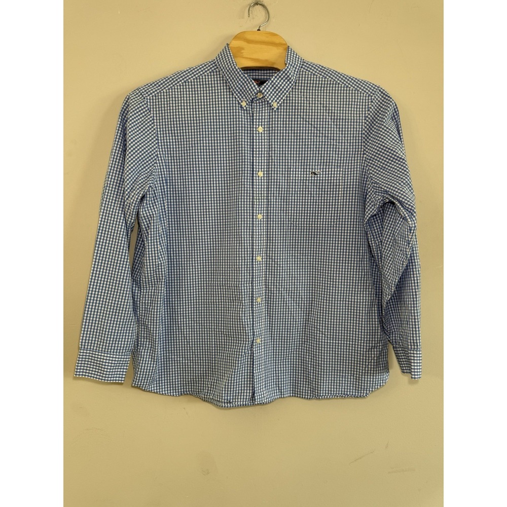 Vineyard Vines Shirt Mens XXL White Blue Gingham Button Down Stretch